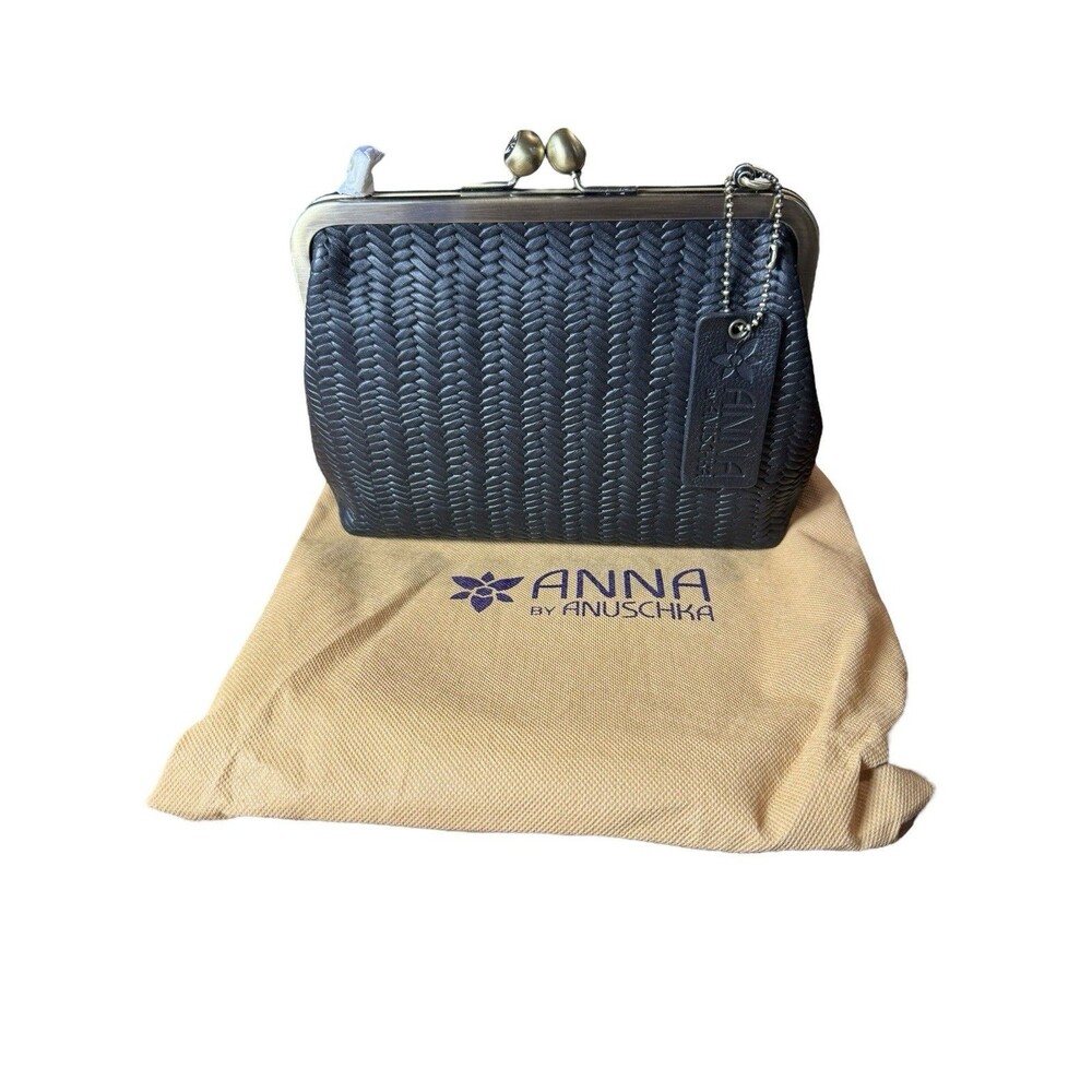 ANUSCHKA Black Woven Genuine Leather Handbag Kiss Lock Clutch Shoulder Bag Purse